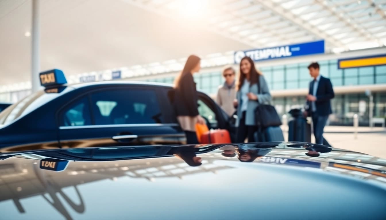 Taxi service at Heathrow Airport, highlighting a black cab and travelers in motion.