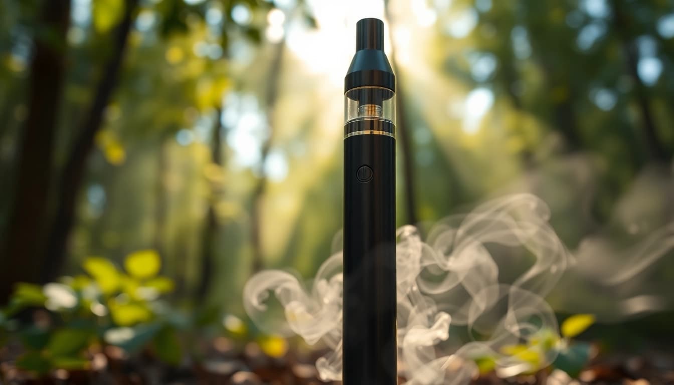 Buy DMT from a sleek vapor pen presented in a tranquil natural setting.