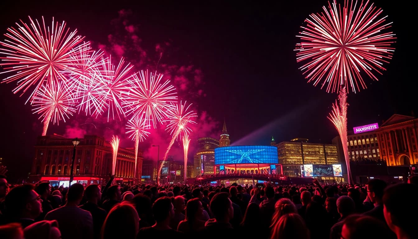 Experience the dazzling Manchester fireworks lighting up the night sky over a vibrant cityscape.