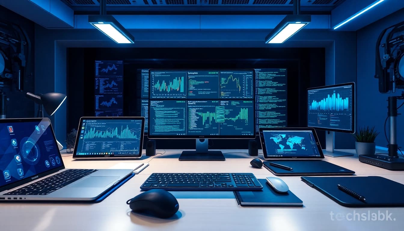 Innovative technology workspace showcasing devices and digital interfaces at techeslabs.wiki