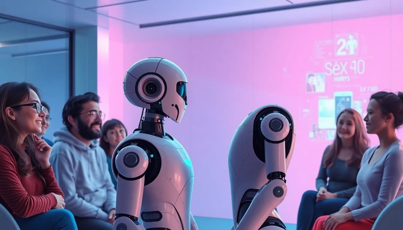 Futuristic interaction showcasing a friendly robot in a modern setting discussing sex AI concepts.