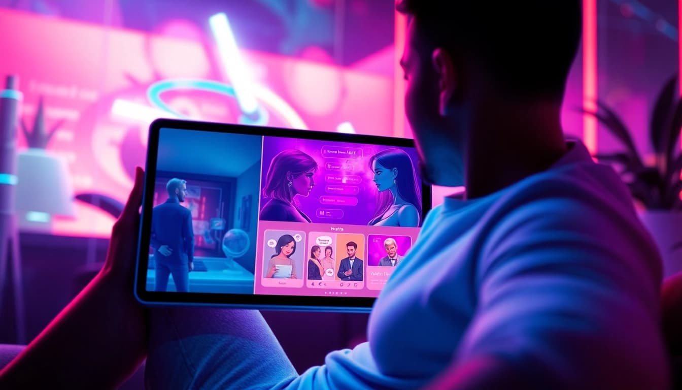 Engaging ai sex chat interaction on a modern device within a vibrant digital landscape.
