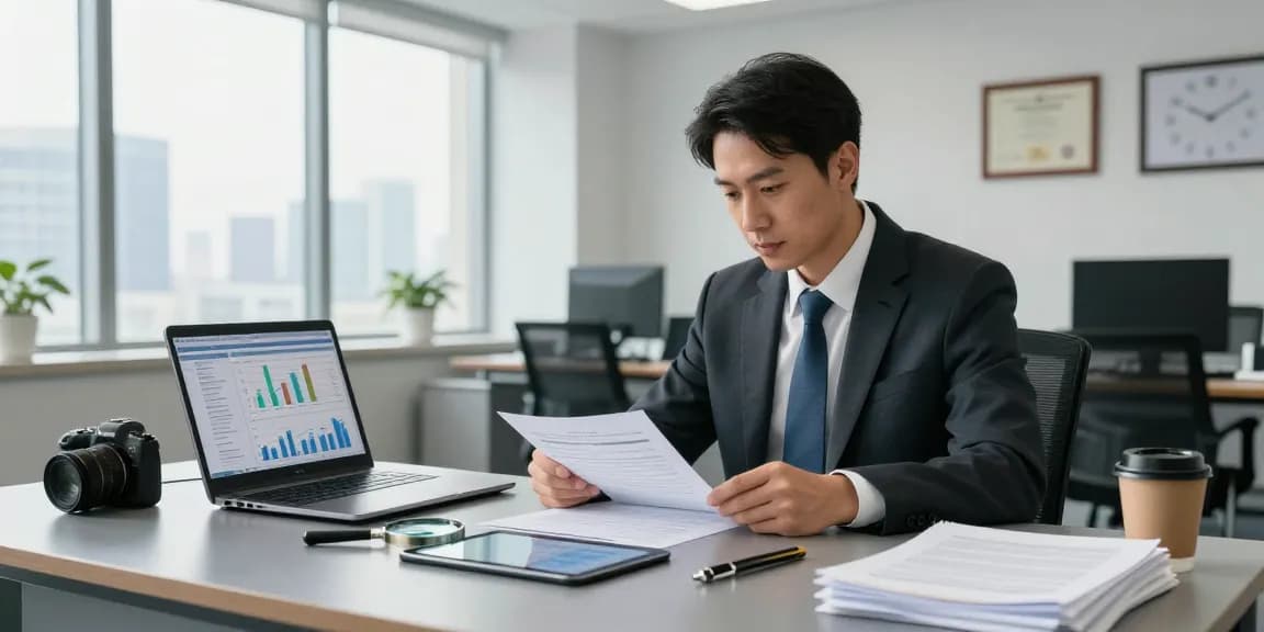 Forensic auditor analyzing financial documents at a modern office, showcasing aafikotasurabaya.org's commitment to professional standards.