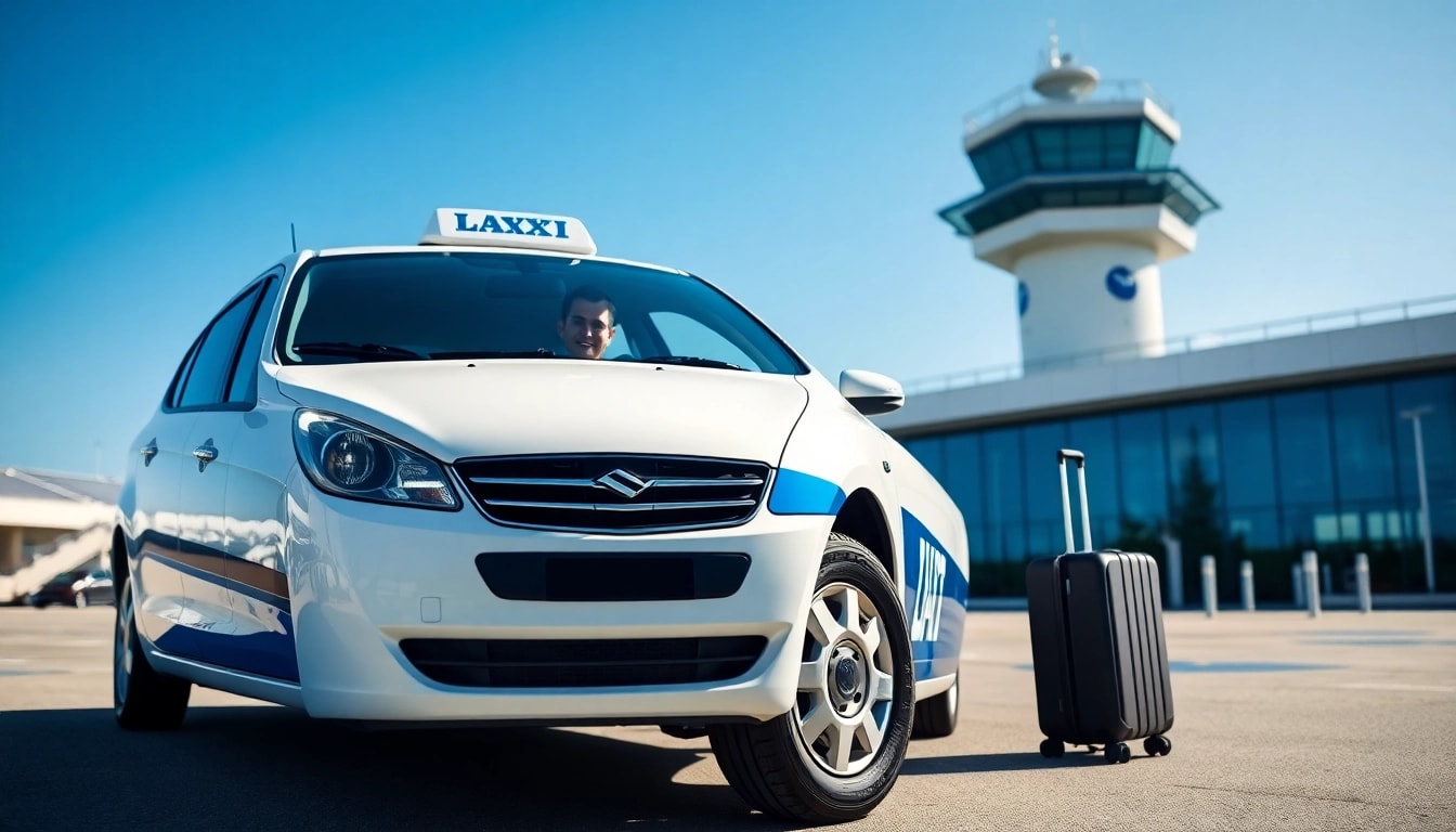 Gatwick taxi ready for passengers outside airport terminal, showcasing service.