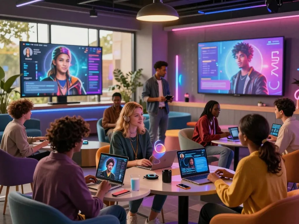 Interactive scene featuring users enjoying character ai nsfw roleplay with immersive AI companions in a modern lounge setting.