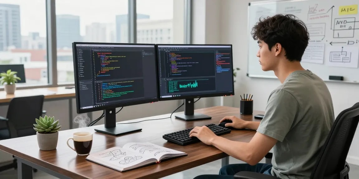 Juicy AI software developer coding in a modern office with dual monitors.