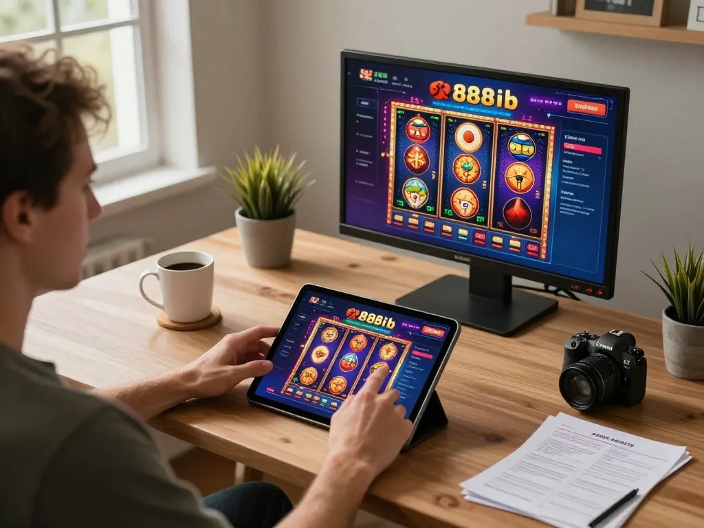 Engaged player using the 888b app on tablet for online casino gaming with cozy setup.