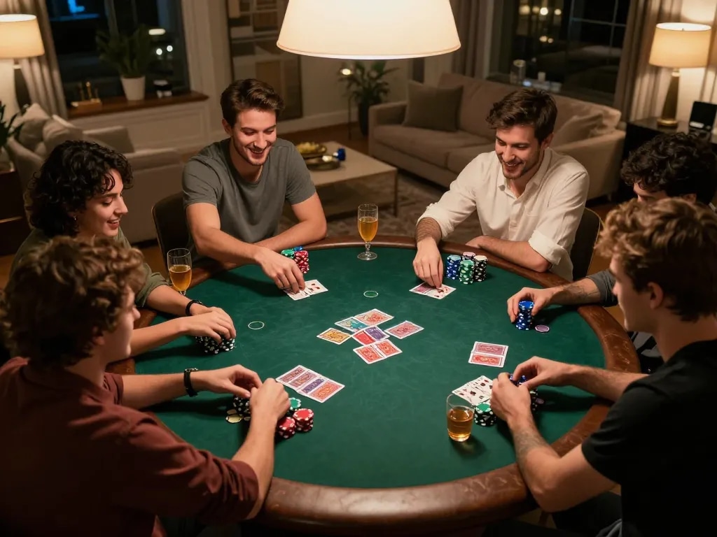 rokok88 players enjoy a friendly poker game with vibrant chips and drinks in an elegant home setting