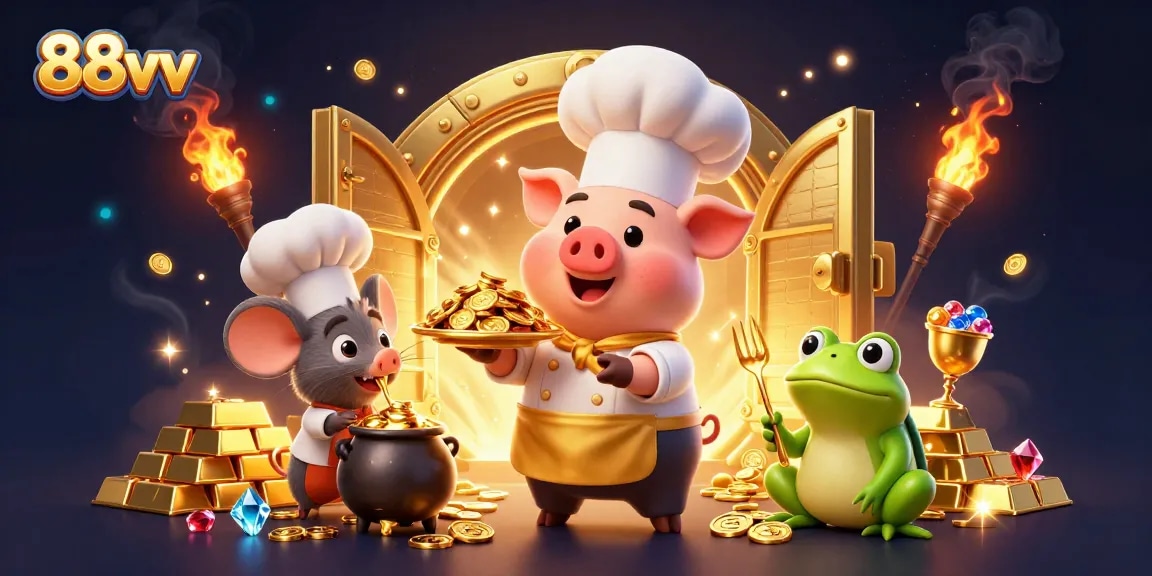 Experience thrills with 88vv as the chef pig serves gold coins amid a casino scene.