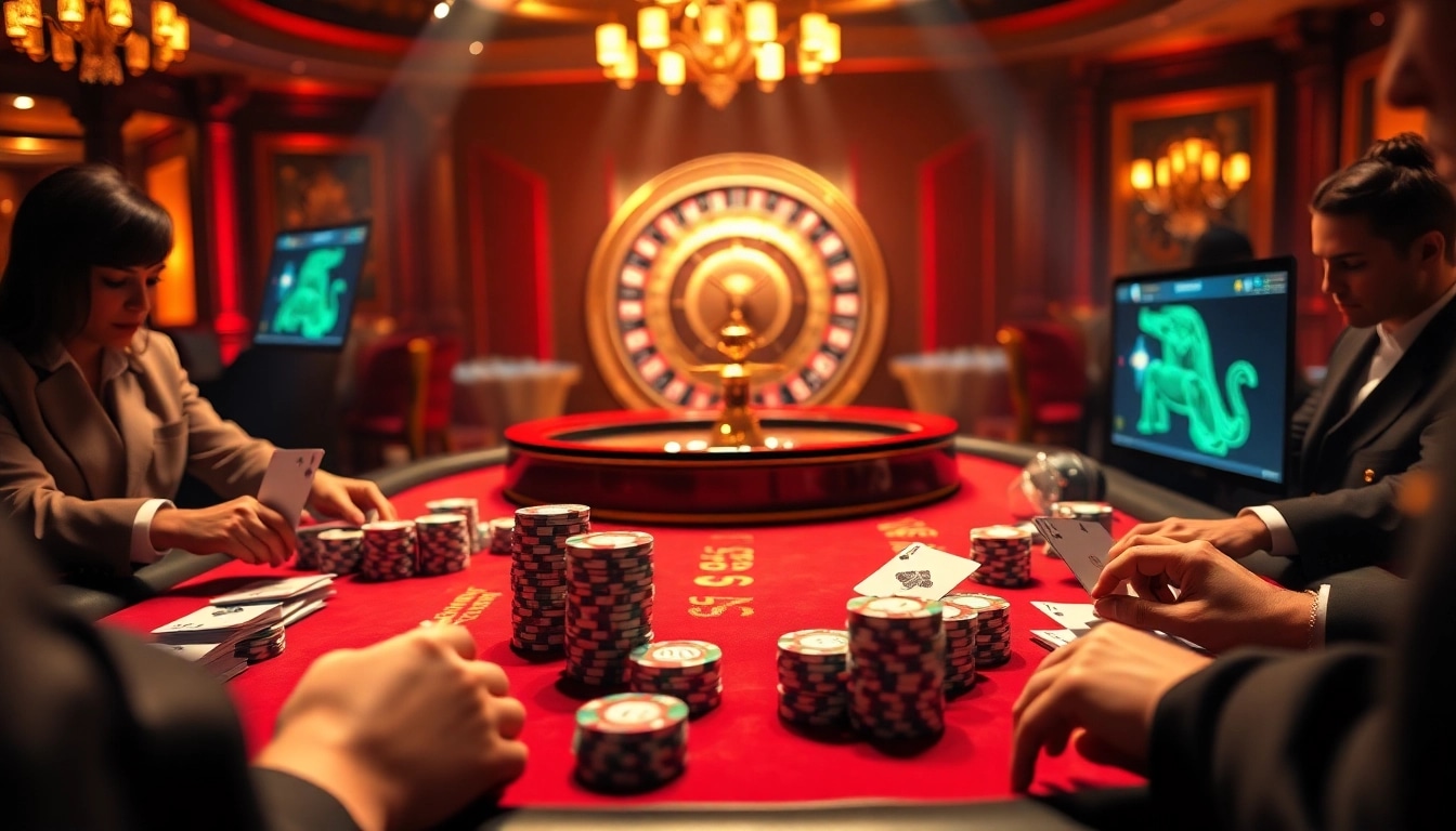 Players engage in an intense poker game with da88 stakes, surrounded by vibrant casino decor.