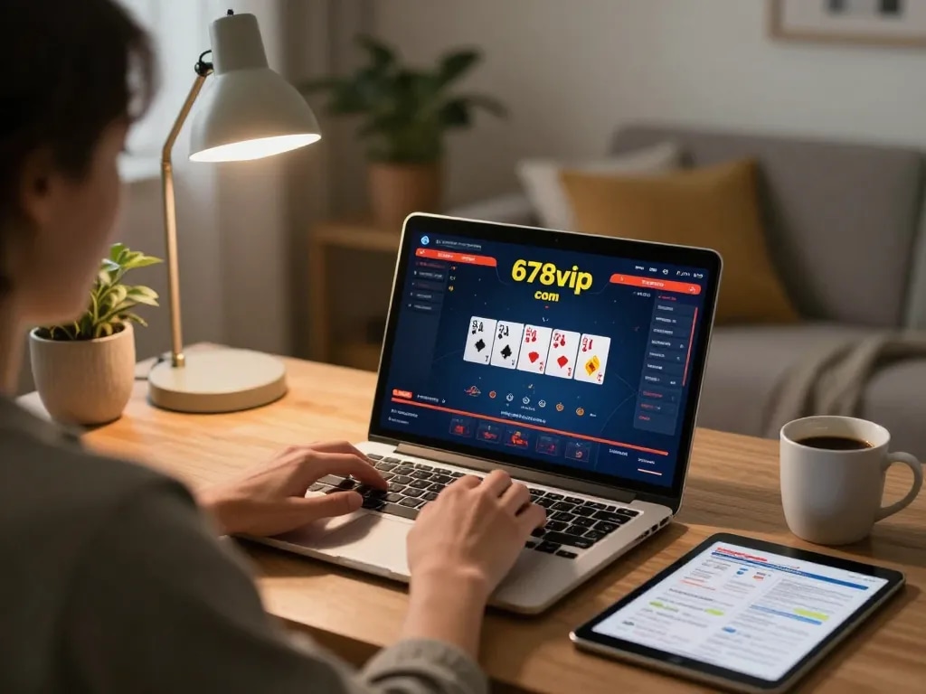 Engaging player using 678vip com for online poker gaming from a cozy home setup with strategy notes