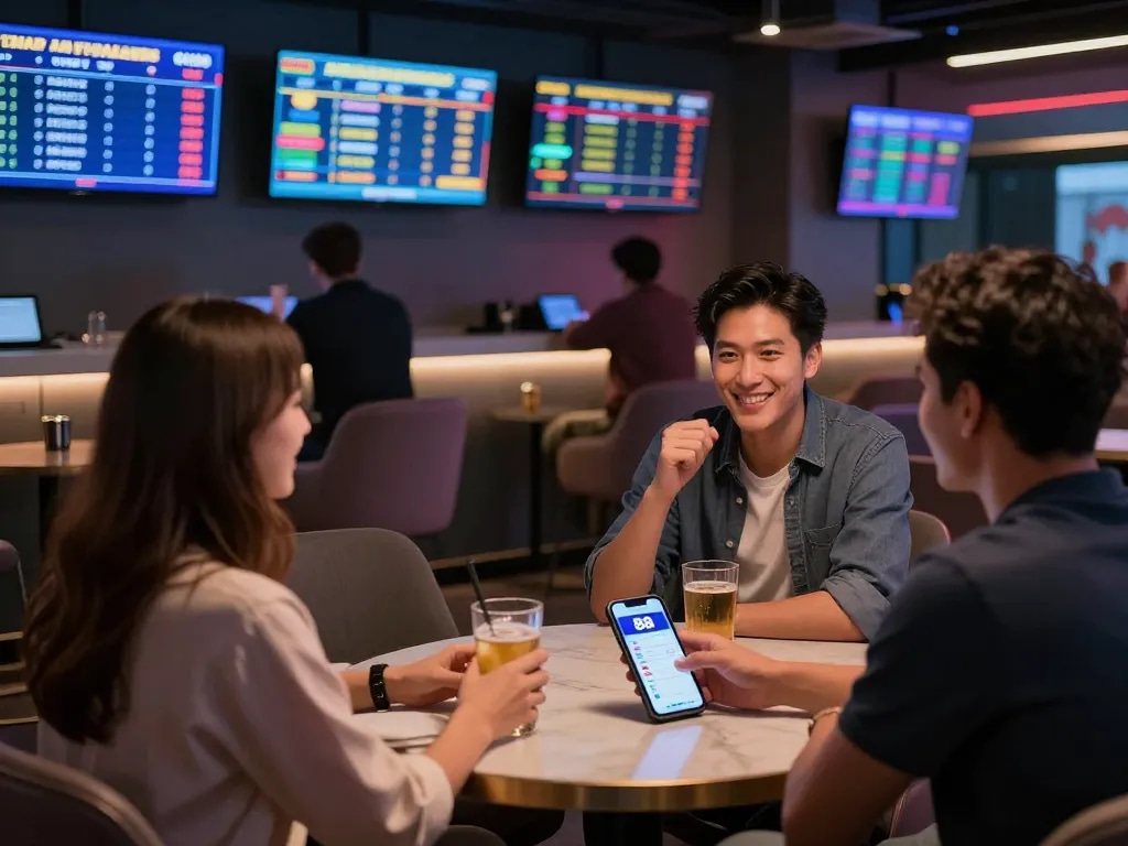 Engaging scene showcasing open 88 sports betting, with patrons checking odds and discussing strategies.
