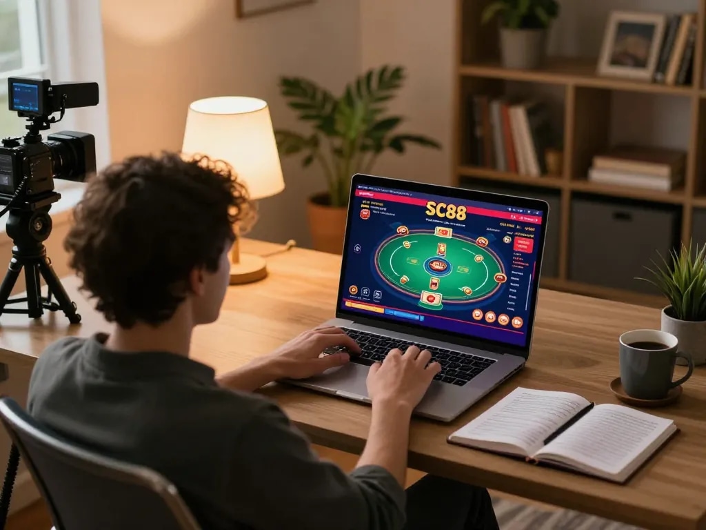 Engaged player exploring SC88 online casino on a laptop, showcasing vibrant gaming interface and cozy home setup.