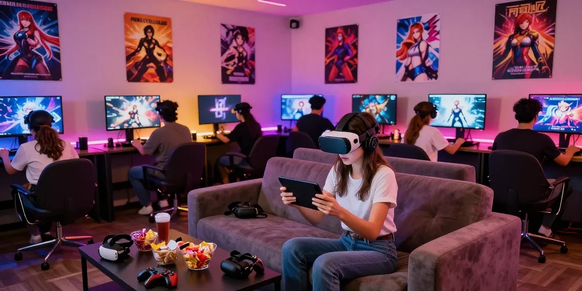 Engaging scene of gamers enjoying hentai games together in a colorful lounge setting, showcasing interactive entertainment.