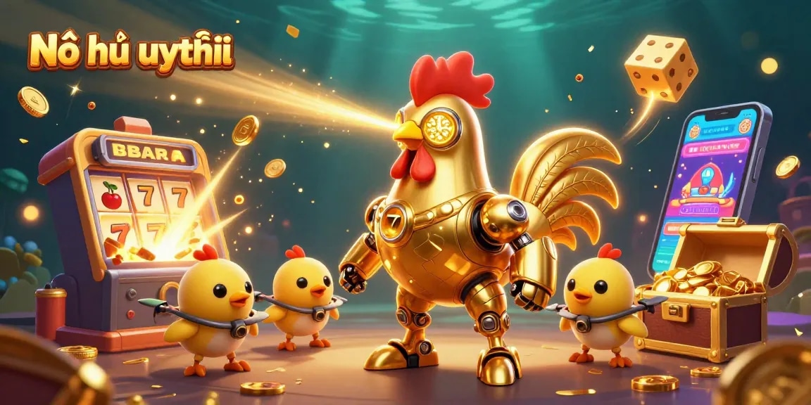 Nổ hũ uy tín showcases an electrifying scene of a golden rooster robot and drones engaging with casino elements, perfect for gamblers.