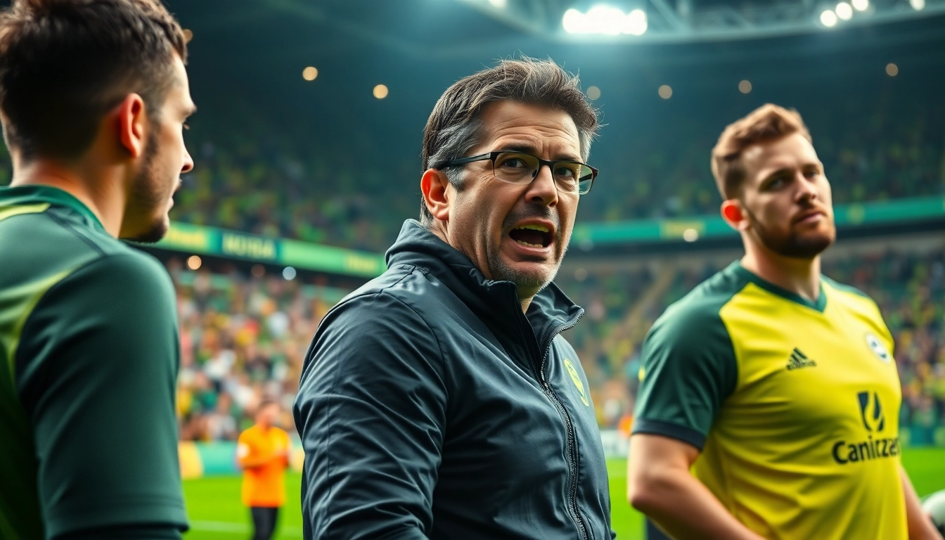 Silva coach analyzing tactics with players in an electrifying stadium atmosphere.