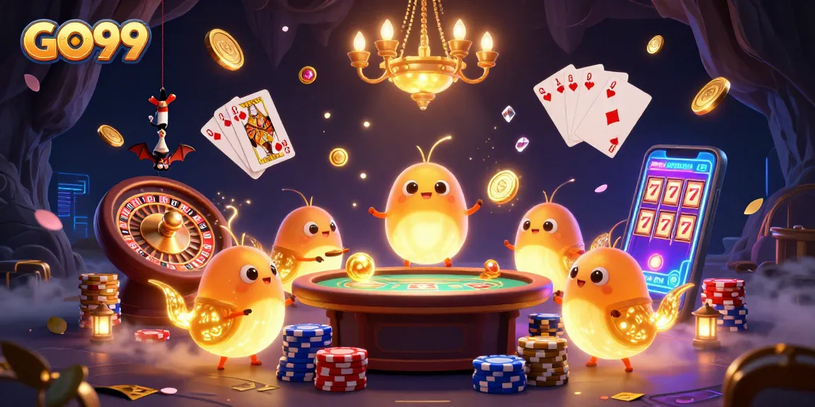Experience excitement at GO99's cave casino illuminated by enchanted glowworms amongst cascading coins.