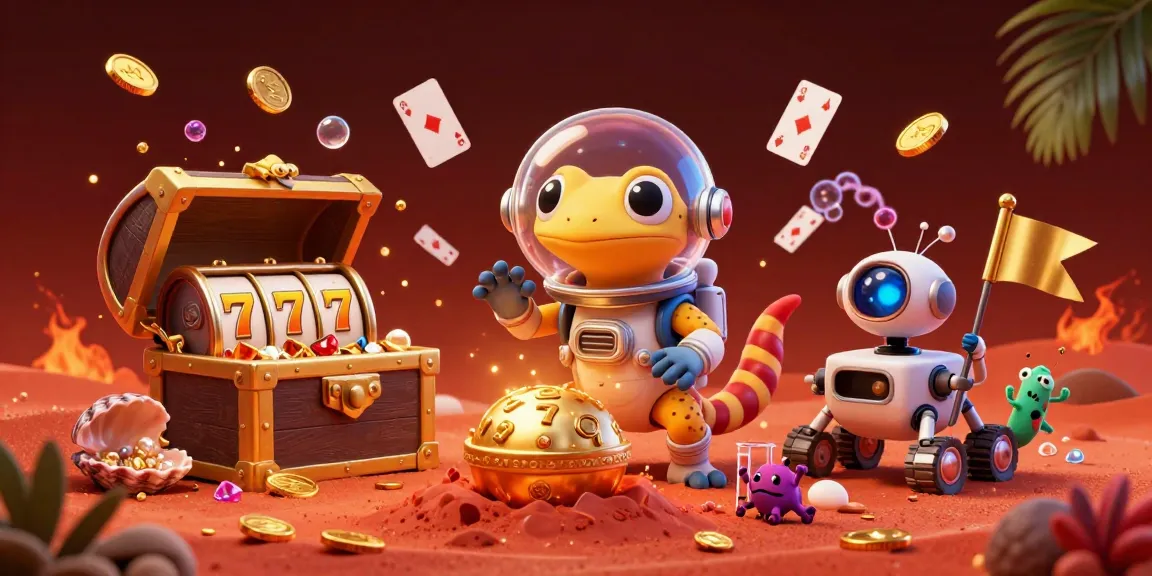 T789 gaming scene showcases a Martian gecko discovering a golden casino, enhancing excitement in online gambling.