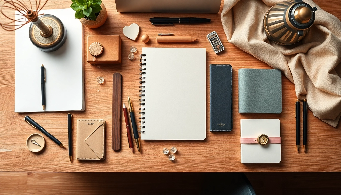 Discover premium stationery UK products, featuring an elegant display of notebooks and pens on a rustic wooden desk.
