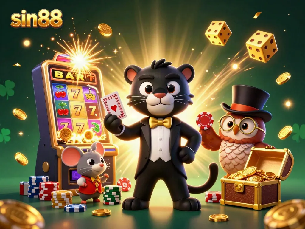 Experience the thrill of sin88 with a stylish black panther dealer, an owl with poker chips, and a lucky mouse in a vibrant casino scene.