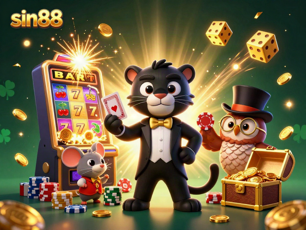 Experience the thrill of sin88 with a stylish black panther dealer, an owl with poker chips, and a lucky mouse in a vibrant casino scene.