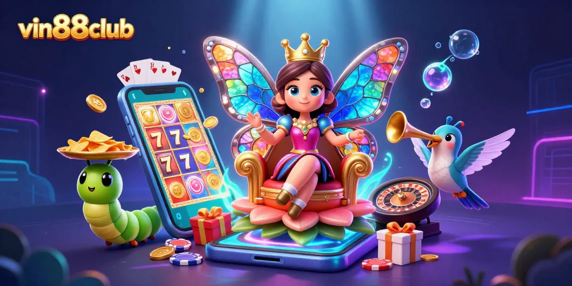 Engage with vin88club's vibrant casino scene, featuring a butterfly queen amidst dynamic game elements.