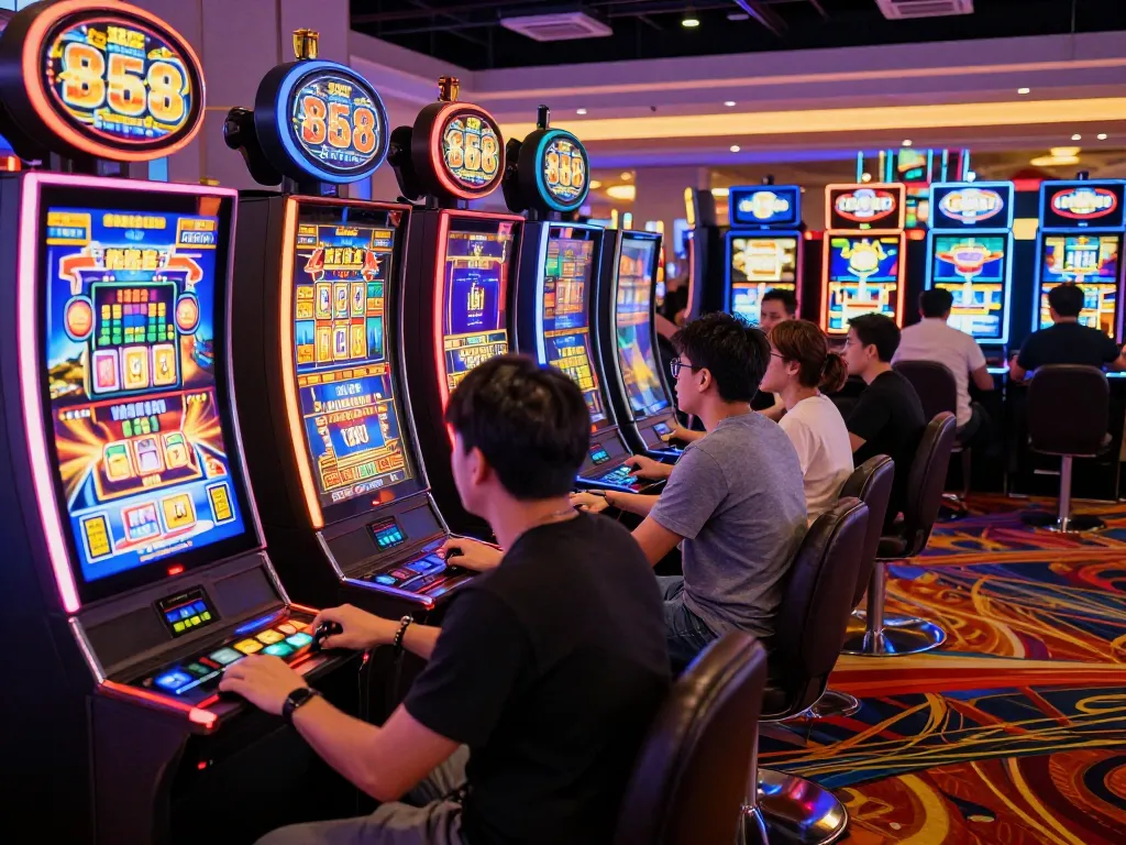 Players engaging with flashing slot88 machines, experiencing the thrill of vibrant casino gameplay