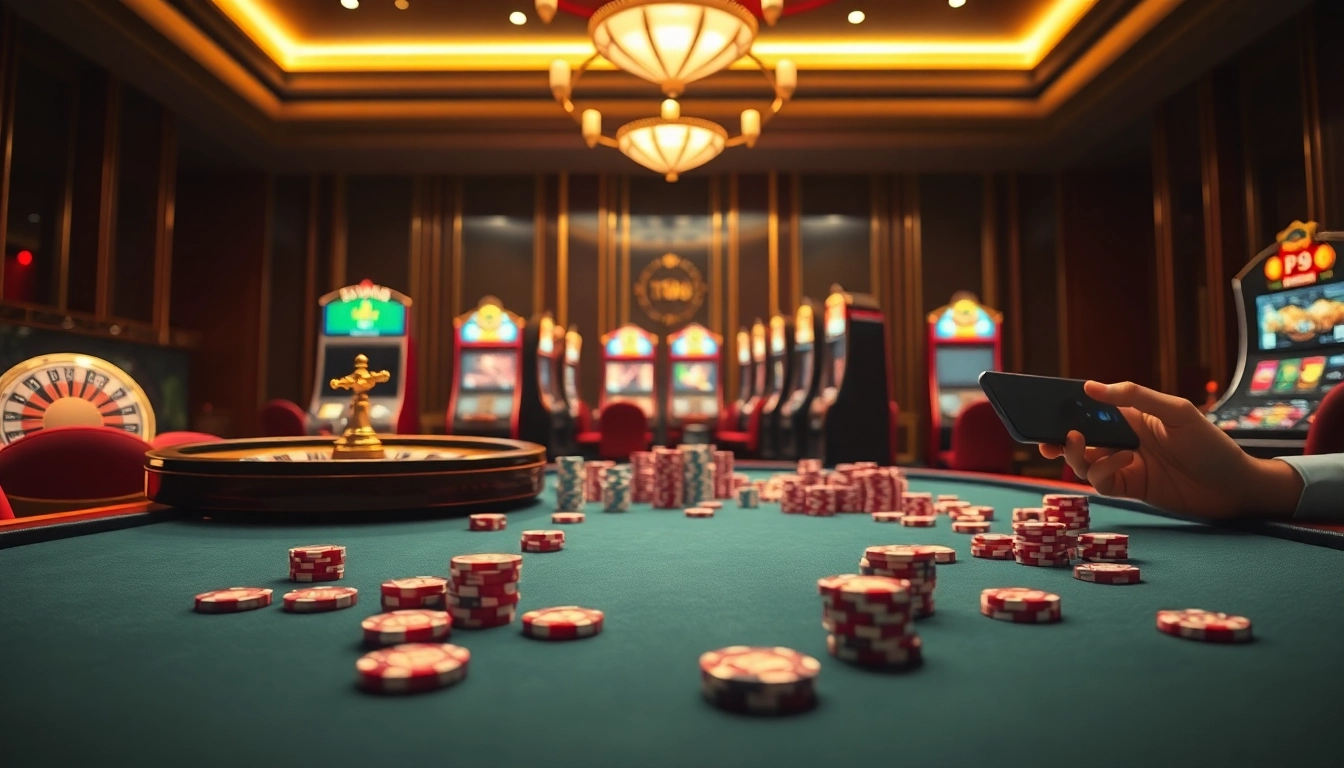 Experience high-stakes gaming action with https://tg88-casino.com/, featuring vibrant slots, poker chips, and a roulette wheel in a luxurious casino atmosphere.