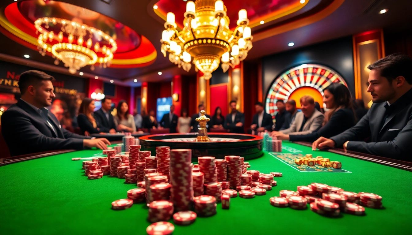 The vibrant gaming atmosphere at Nhà cái xx88 showcases excitement with players and roulette.