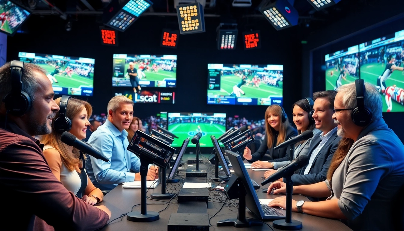 Sports Broadcasting team passionately discussing live events in a high-tech studio.