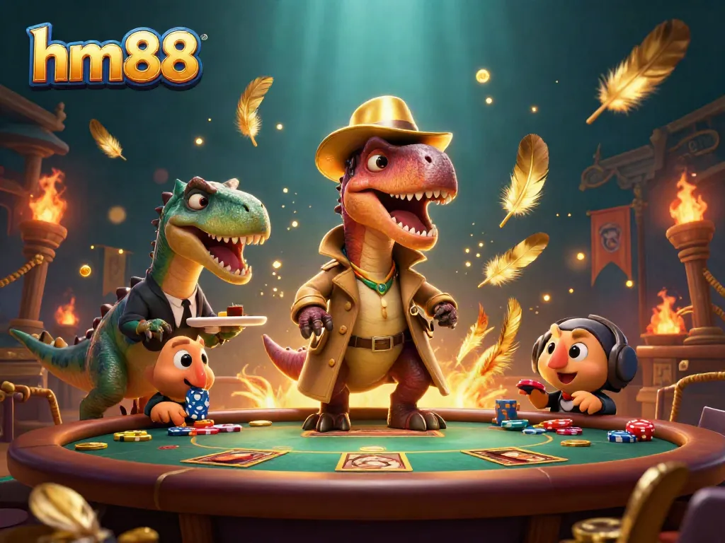 Win big at hm88 with a vibrant, dynamic casino scene featuring quirky dinosaur characters at a blackjack table.
