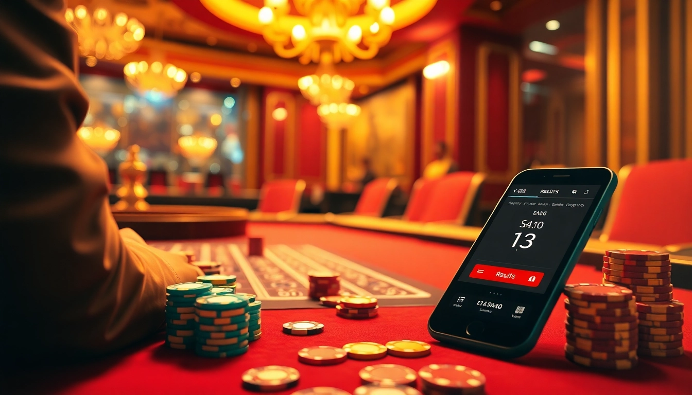 Xổ Số FB88 embodies the excitement of high-stakes gambling with vibrant poker chips and an active roulette wheel in a luxurious casino.