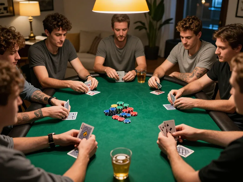 E2bet players strategize in an intense poker night at home with vibrant chips and cozy atmosphere.