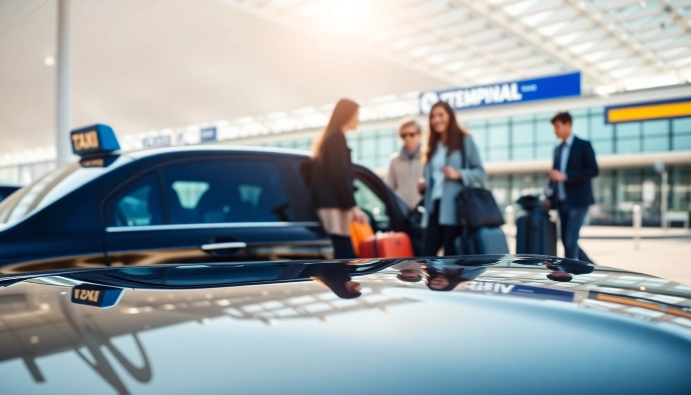 Taxi service at Heathrow Airport, highlighting a black cab and travelers in motion.