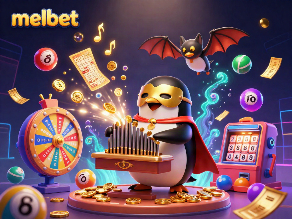 Betting fun with melbet featuring a whimsical scene of a penguin and acrobat in a casino