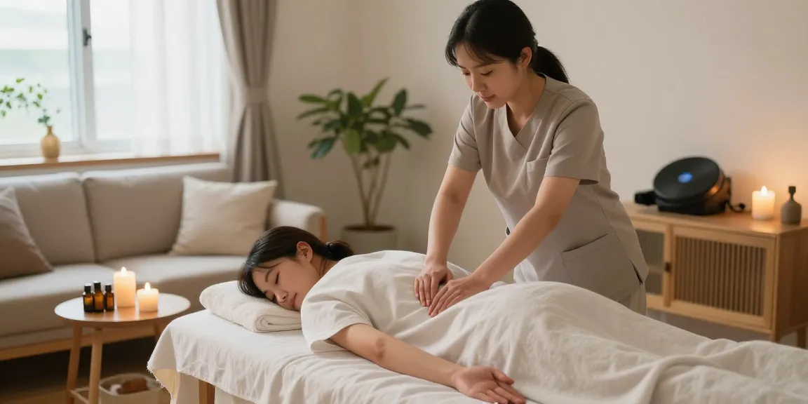 Calm and soothing atmosphere of 철산동출장안마 with a therapist providing massage therapy in a serene home setting.
