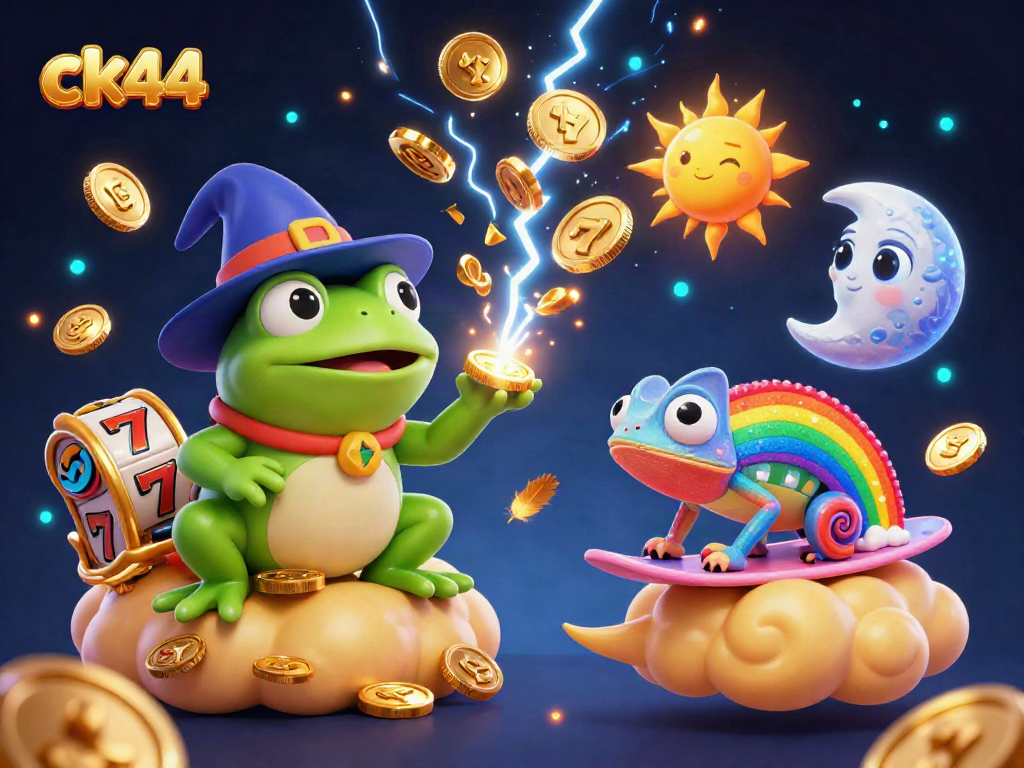 Experience excitement with ck44 as the wizard frog conjures golden coins amidst vibrant, magical casino elements.
