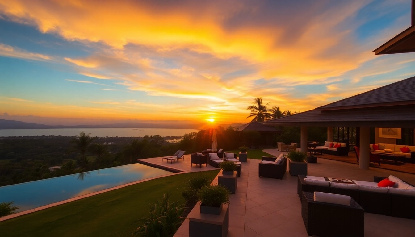 Showcasing a beautiful villa management Phuket property during sunset with lush tropical gardens.