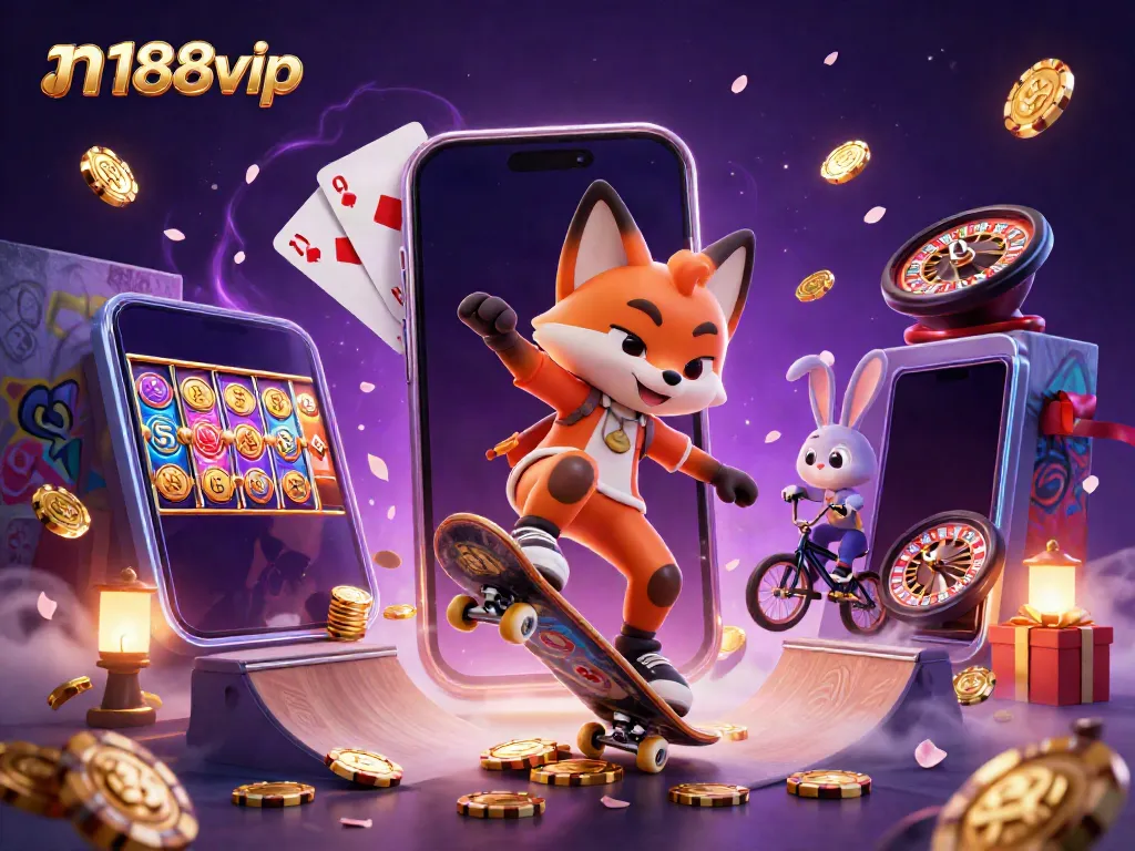 Experience thrilling gaming action with n188vip featuring a skateboarder fox and BMX rabbit amid casino delights.