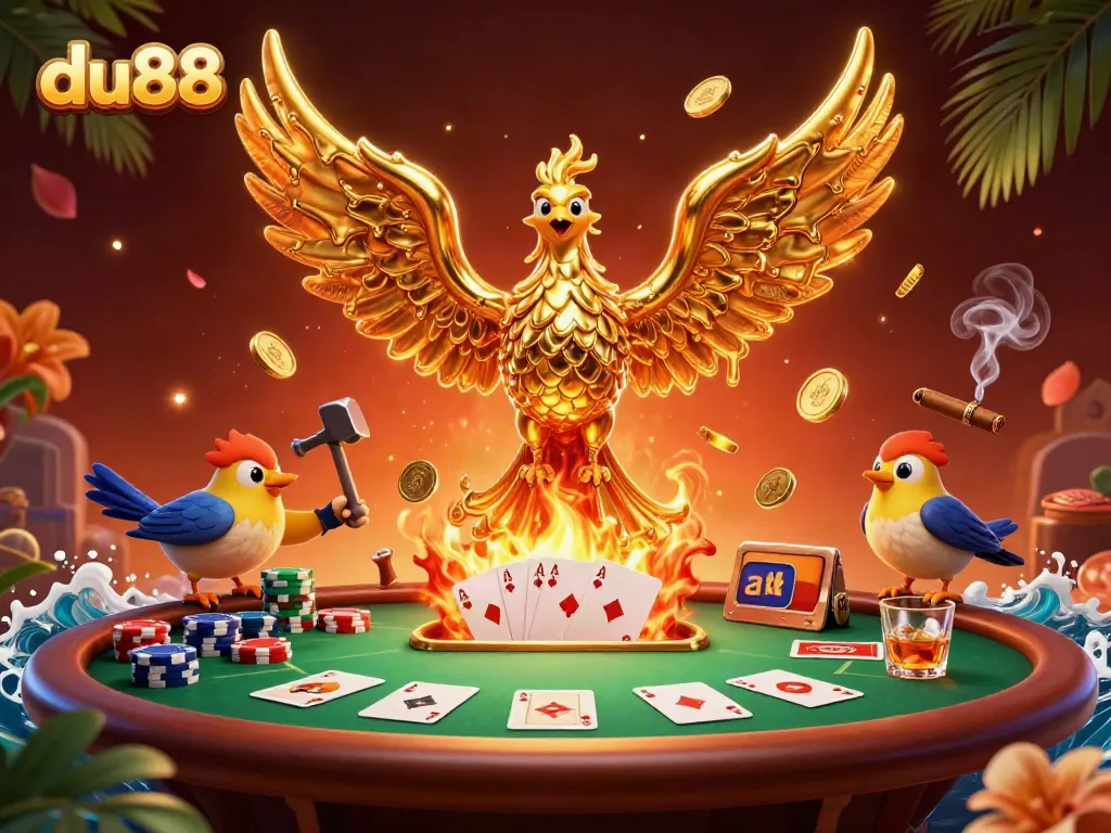 Experience the excitement of du88 with a vibrant casino scene featuring a molten phoenix, poker elements, and dynamic gameplay.