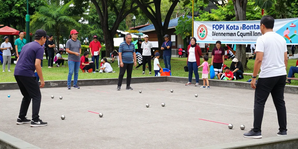 Community members enjoying a lively petanque match organized by fopikotabontang.org in a sunny park.