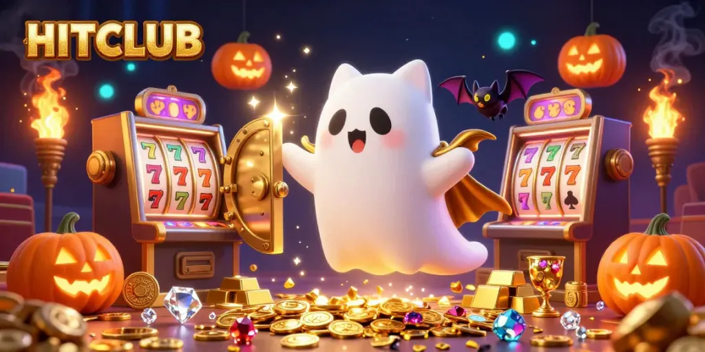 Engage in the HITCLUB casino experience with a ghost cat, vampire bat, and vibrant jackpots in a magical setting.