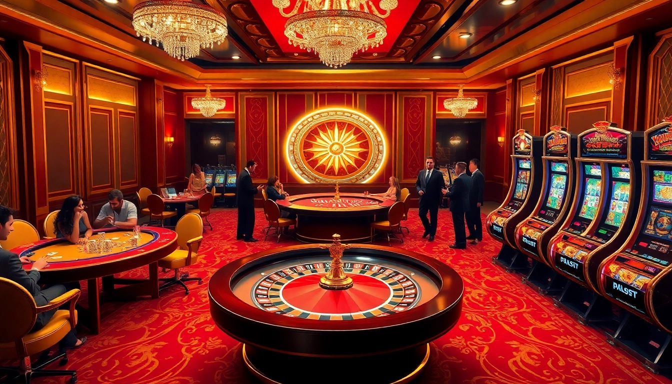 Experience the thrilling atmosphere of high-stakes gambling at https://bet888.solutions/, featuring a luxurious casino setting with roulette and poker tables.