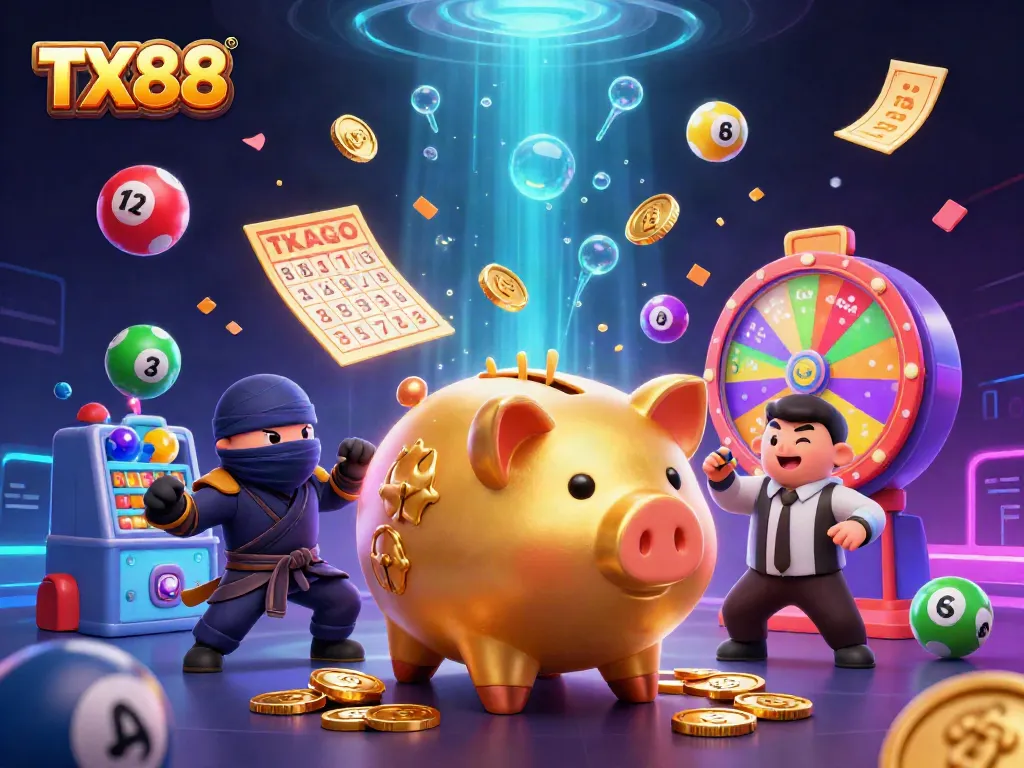Experience vibrant gaming excitement with TX88 in this dynamic 3D illustration featuring a sumo wrestler and ninja.