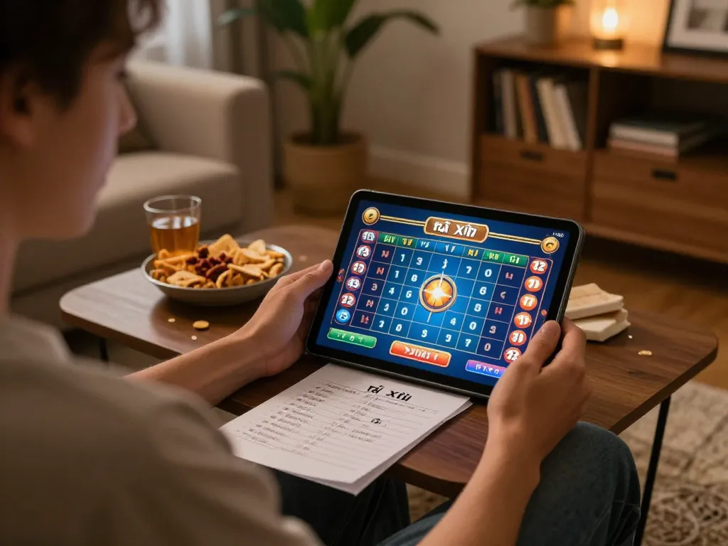 Play a thrilling tài xỉu online game on a tablet in a cozy home setting with strategic notes nearby.
