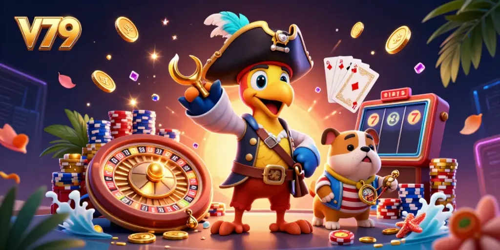 Win big at V79 online casino with exciting games and promotions showcased in vibrant 3D illustration.