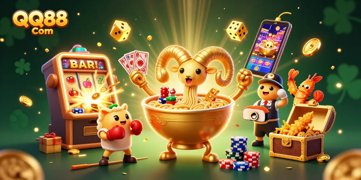 Experience joyful gaming with QQ88 Com in this vibrant casino-themed 3D illustration featuring playful characters.