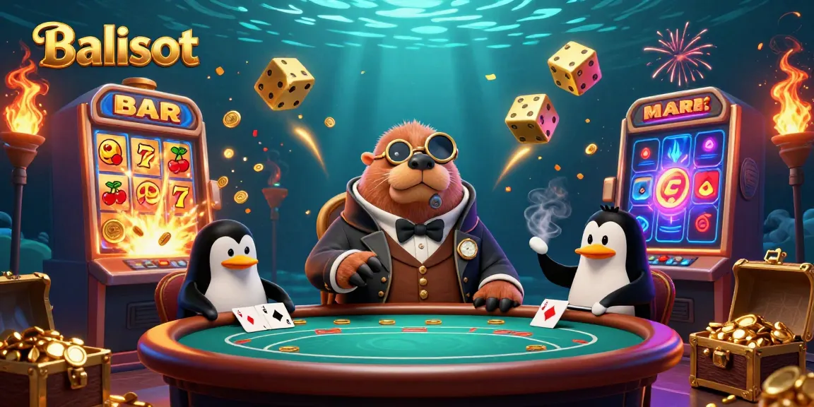 Balislot features a walrus at an underwater poker table with a penguin dealer and a bluffing pufferfish amidst casino elements.