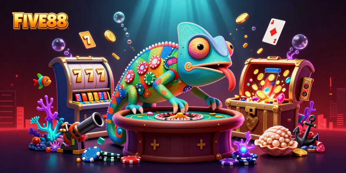 FIVE88 captures attention in a vibrant underwater casino scene filled with colorful jackpot elements.