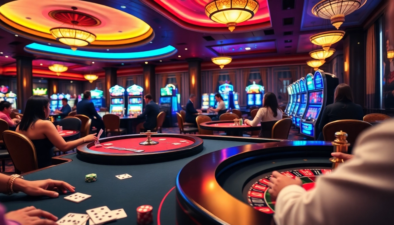 Experience the excitement of gaming at https://go88.family/ with vibrant casino scenes featuring poker tables, slots, and roulette.